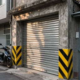 Taiwan small alleyway corrugated aluminium roller shutter doors, concrete rendering, concrete poles with yellow and black diagonal thick warning lines for the scooters