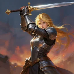 blond knight with glasses overhead sword strike, fantasy, digital painting, dramatic lighting, vibrant setting, realistic shading, unreal engine 5, concept art, ultra detailed, trending artstation