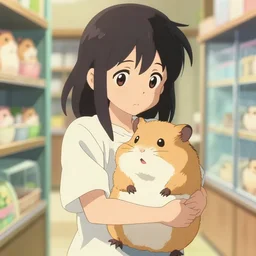 art, anime anime anime, anime girl at the pet store buying a hamster, a big adorable hamster in her arms, volumetric lighting, by makoto shinkai