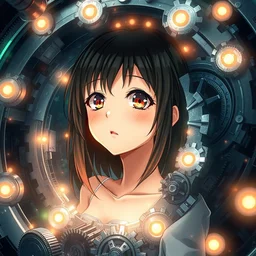brutal illustration of 1 anime girl being consumed by an endless spiral of gears and industrial lights, decimated by the machine, beautiful upper body shot, pretty!! highly detailed face!!! and stunning eyes!!! by haruko ichikawa, scenic high - tech environment, bloom effect, lens flares, pixiv contest winner, eastern style