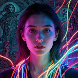 woman, portrait close-up, neon, RGB, glowing wires everywhere, pristine, by Edgar Maxence and Ross Tran, Zdzisław Beksiński, and Michael Whelan, distant, gustav dore, H.R. Giger, 8k, octane render