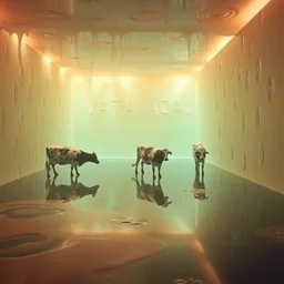 a room of oil, water caustics, the cows are here, insanity, film still from the movie directed by denis villeneuve and david cronenberg with art direction by salvador dali and dr. seuss