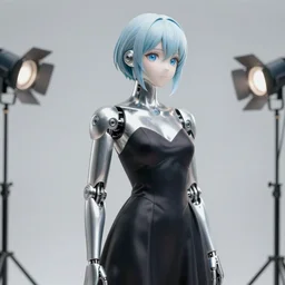 anime humanoid cyborg, porcelain, aluminium ( desgined by apple ), silver, blue soft details, soft!!, dark black dress, studio photo, octane render, studio lights, 8 0 mm lens