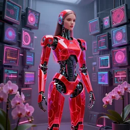 beautiful tall female robot printed with red and black 3 d geometrical neon guarding a wall of computers!!!!!!!!!! + flowering vaporwave orchids transcendent, clean linework, dramatic, finely detailed, 4 k, trending on artstation, photorealistic, award winning, rule of thirds, volumetric lighting, octane render