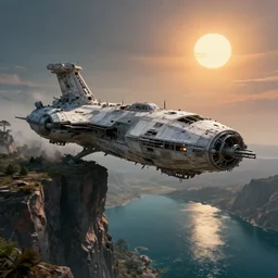 a crashlanded, abandoned, overgrown spaceship hanging partially over a cliff. beneath the cliff is an alien lake. in the sky are two suns, by kim jung gi