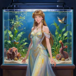aztec scifi princess in a planted aquarium, wearing a lovely dress. this oil painting by the award - winning mangaka has an interesting color scheme and impeccable lighting.