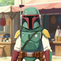anime visual, boba fett at a coruscant open air market exterior shopping at a stall, cute face by ilya kuvshinov, yoh yoshinari, makoto shinkai, dynamic composition, dynamic perspective, cel shaded, flat shading mucha, rounded eyes, moody, detailed facial features, psycho pass, lomography, gustav klimt