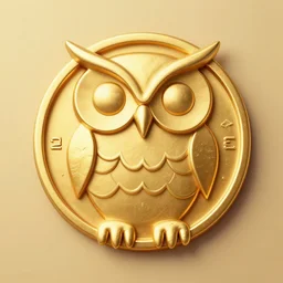 a golden coin with owl symbol on it, old, history, alternate history, avant garde style, egyptian style, illumunati, odd design, intriguing, very symmetrical, precise, award winning design, best design, global top design, limited edition, gold, golden ratio, detailed, object, museum collection, cinematic lighting, gradual tonality, white studio, high class, high resolution, 1 2 5 mm, close shot of object, detailed