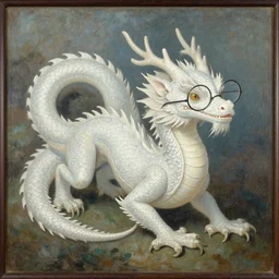 an old painting of a white eastern bubble dragon with circular glasses, painting
