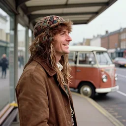 hippy on bus station masterpiece happiness by jim burns doyle, tim detailed ultrarealistic side view 1 9 6 0 s