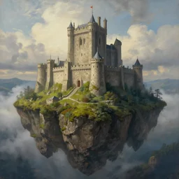 beautiful painting of an enormous citadel, standing on the highest mountain of a floating island covered in moss