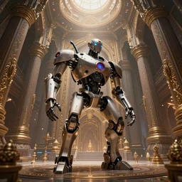 Vivec Robot, in a temple, elaborate, intricate, beautiful, magical, hyperrealistic, DAZ, unreal 5, fisheye, dynamic lighting, art by beeple