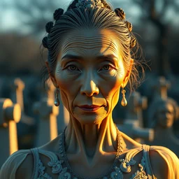 stunningly robust, elderly chinese prima ballerina in cemetary, symmetrical face, golden hour, smooth, focus, highly detailed, hyper realistic, dramatic lighting, elegant, intricate, concept art, art by wlop, mars ravelo, greg rutowski, artstation