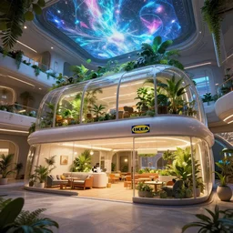 very wide cinematic shot inside a scifi epic scale capsule hotel as ikea ad, modern lush condo as shopfront with terrarium lounge area, cathedral ceiling with holographic sky art ceiling, detailed archviz render, archdaily, scifi artstation concept, comfy lighting, star citizen, fine details, unreal engine, hyperrealism, realistic shading, blender render