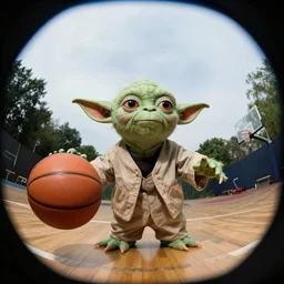 Yoda playing basketball, photograph, fisheye lens