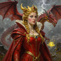 a realistic detail portrait of a beautiful queen in middle earth, raining, thunder, magic, dragon, oil painting by Julian calle, wlop, greg rutkowski, Finnian MacManus, Trending on artstation, red  and yellow scheme, 8k, RE Engine