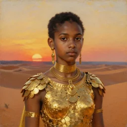 a young dejah thoris on mars, dress made of gold plates, after a battle, closeup portrait, gold jewelry, sand dunes to the horizon, sunset, oil painting on canvas, john singer sargent