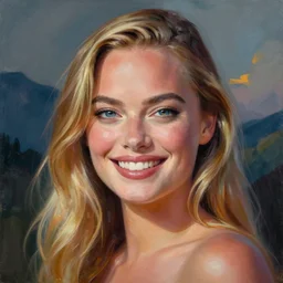 Margot Robbie, smooth painting, art, detailed, colorful, smiling, beautiful hair, deep look, intense atmosphere