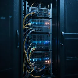 a 3 5 mm photo of the interior of dystopian server racks with cables everywhere, 8 k, glowing, atmospheric, cinematic, bokeh, highly detailed, futuristic, wet.