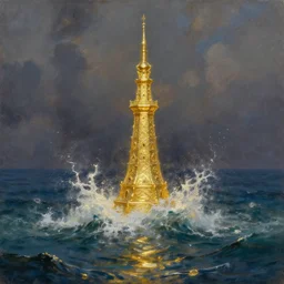 a delicate sparkling gold fantasy tower splashes upwards from a turbulent ocean, dramatic lighting, rich colors, sunlight shimmering off the tower and the water and the spray, beautiful oil painting trending on artstation