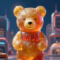 portrait of haribo bear in future city, colo