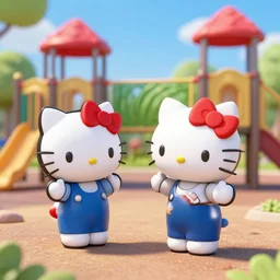 airbrush of hello kitty and sanrio characters playing outside at a playground on a sunny day