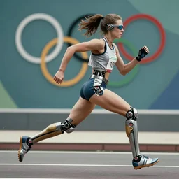 Trinity the matrix, running as a sprinter athletic attire with cyborg legs, diesel punk, athletic footage, 1980's, olympics, cinematic, art deco