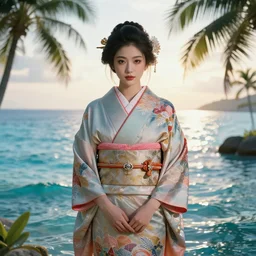 charming beautiful elegant japan goddness of water, gorgeous kimono, tropical sea, photorealistic, in the style of artgerm, wlop, loish, ilya kuvshinov, ncsoft, chanel jewelry, cinematic lighting, hyperdetailed, 8 k realistic, symmetrical, frostbite 3 engine, cryengine, dof, trending on artstation, digital art, crepuscular ray