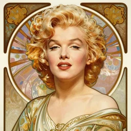 realistic detailed front view portrait of Marilyn Monroe as Joan of Arc, painted by Mucha , poster design, Art Nouveau