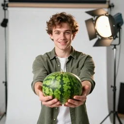 photo still of d'arcy carden offering watermelons, 8 k, studio lighting bright ambient lighting key light, 8 5 mm f 1. 8