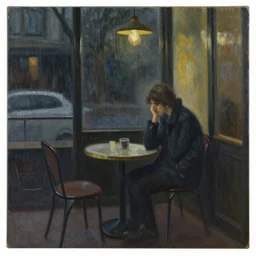 being alone at a cafe on a melancholic rainy night by ardon, mordecai, oil painting