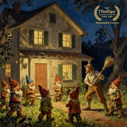 vintage painting of gnomes invading a house at night, father defending family with a broom,