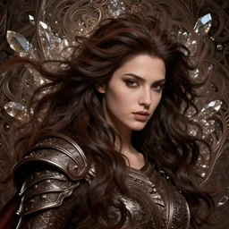 song of the wind, detailed beauty portrait, chocolate. opulent hair, intricate background, armor, fantasy art by peter mohrbacher, greg rutkowski, craig mullins, ruan jia, thomas kinkade, victo ngai. unreal engine, blender, octane, ray tracing. fractal crystal, sharp focus, masterpiece, post processing, deviantart