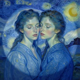 portrait of two beautiful girls, hugging, eyes closed, faded shades of blue, beautiful face, rule of thirds, intricate outfit, spotlight, by greg rutkowski, by jeremy mann, by francoise nielly, by van gogh, digital painting