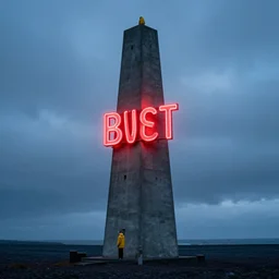 a concrete tower on a icelandic beach, big red neon sign, a small character wearing a yellow hoodie, cloudy day, blue hour by filip hodas, by simon stalenhag, by greg manchess, cinematic, dramatic light concept art, matte painting, tranding on artstation