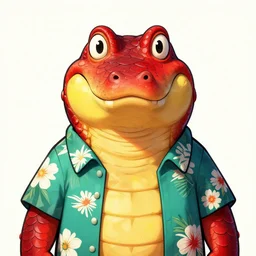 in the style of artgerm, loish, ross tran and elysecastro, cartoon anthropomorphic alligator, symmetrical face, symmetrical eyes, red scales on his back, yellow scale on his belly and chest, male, waring a hawaiian shirt, cgsociety, hd, 4 k. - c 1 0. 0