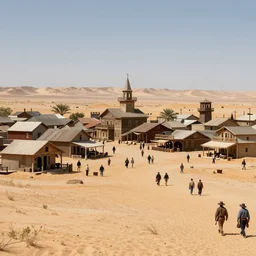 old western style city bustling with people in the middle of a sandy flat desert with a single mountain on the very distant horizon. magic the gathering art, digital media