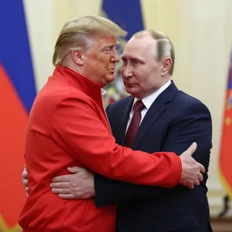 donald trump in a red track suit hugging vladimir putin