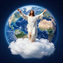 jesus on a cloud looking at the earth