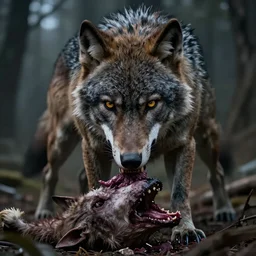 promt portrait of werewolf eating dead animal, high detail, hyper realism, unreal engine, 8k, horror theme