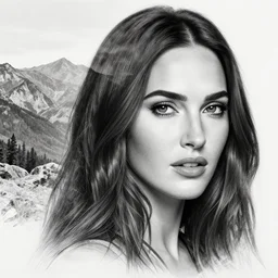 megan fox face mash up with beautiful mountain scenery, in the style of dan mountford, tattoo sketch, double exposure, hyper realistic, amazing detail, black and white