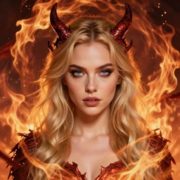 evil pretty blond girl dragon surrounded by fire tornadoes, flawless symmetrical pretty cute face, ana de armas, hetrochromia, greg rutkowski, 8 k, shallow depth of field, intricate detail, concept art,