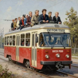 ( ( victor tsoi ) ) rides a streetcar in usssr, bao phan, piotr jablonski, norman rockwell, tim hildebrandt, dariusz zawadzki, bruce pennington, larry elmore, intricate details, hyperrealistic oil painting on canvas, deep depth field, cinematic composition, hyper - detailed, hd, hdr, 4 k, 8 k