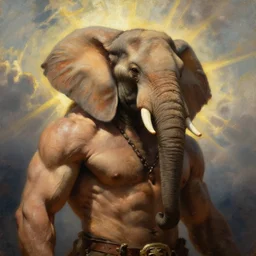 muscular human with elephant head is a barbarian hunter  , strong sun backlight sunrays  body , extreme very textured detailed portrait oil painting by rembrandt,   dramatic clouds and  atmosphere