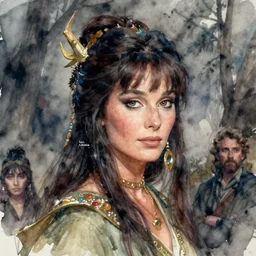 a realistic and atmospheric watercolour fantasy character concept art portrait of a young jane fonda as a druidic warrior wizard looking at the camera with an intelligent gaze by rebecca guay, michael kaluta, charles vess and jean moebius giraud