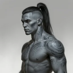 a grey - skinned warrior with tribal tattoos and an undercut ponytail, highly detailed, digital painting, artstation, concept art, smooth, sharp focus, illustration, art by artgerm and greg rutkowski and alphonse mucha