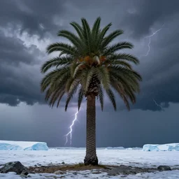 a single palm tree during a thunder storm in the north pole, digital art