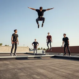 a gang of teenagers parkour across rooftops