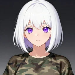 black anime manga girl, wearing camo, white french bob, purple colored eyes