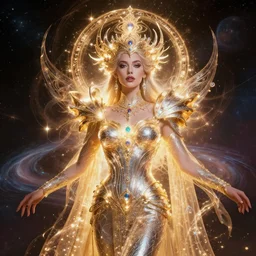portrait of the powerful queen of the solar system in the style of anna dittmann and in the style of bob eggleton. glowing, ornate and intricate, stunning, dynamic lighting, intricate and detailed.